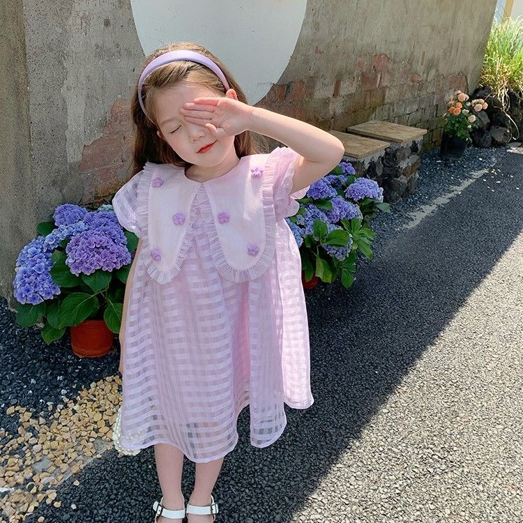 Đầm Công Chúa Phối Lưới Cổ Búp Bê Siêu Dễ Thương Thời Trang Mùa Hè Cho Bé Gái