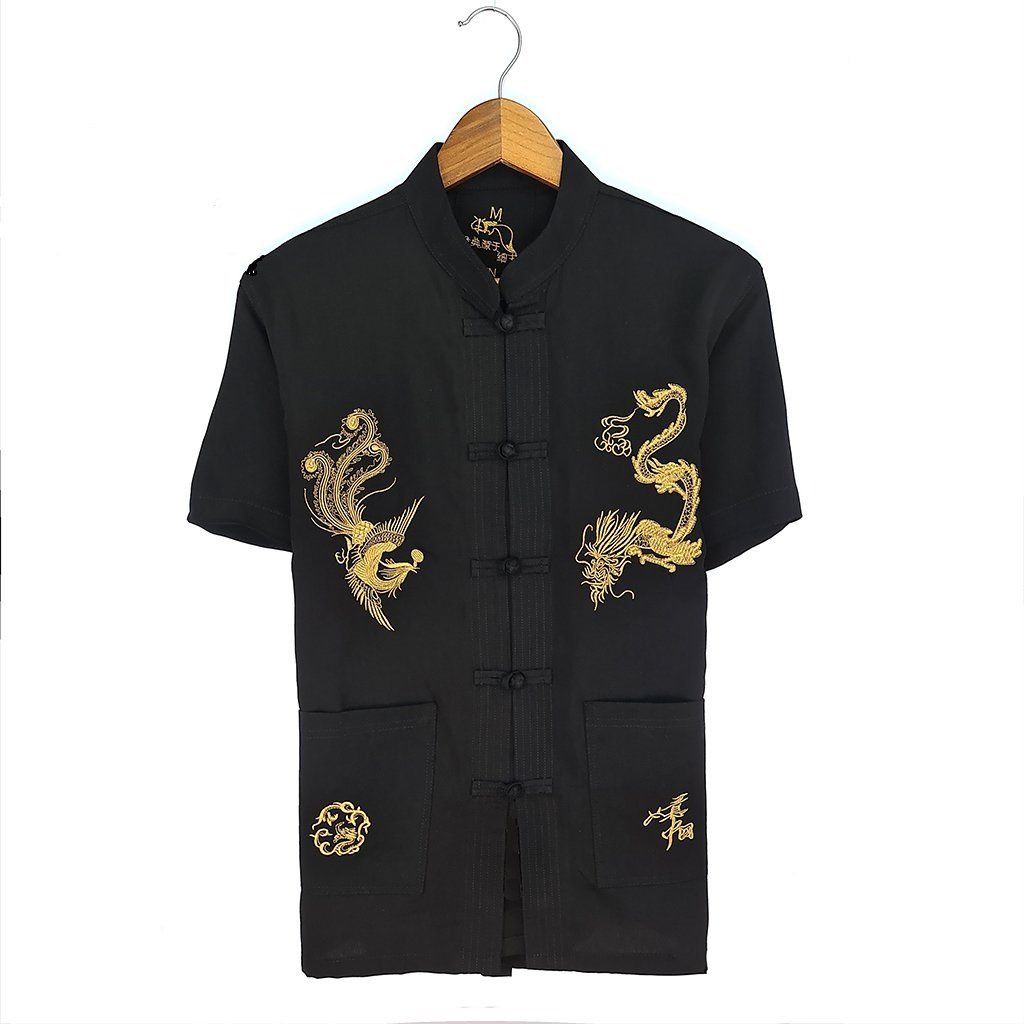 Áo sơ mi nam cổ tàu trung niên chất đũi dày dặn mềm mát loại áo sơ mi nam tay ngắn thêu rồng ADUI16