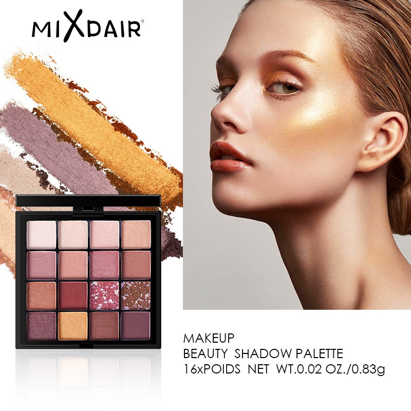 Bảng phấn mắt MIXDAIR 16 màu lì / ánh ngọc trai với với 6 chiếc cọ trang điểm | BigBuy360 - bigbuy360.vn