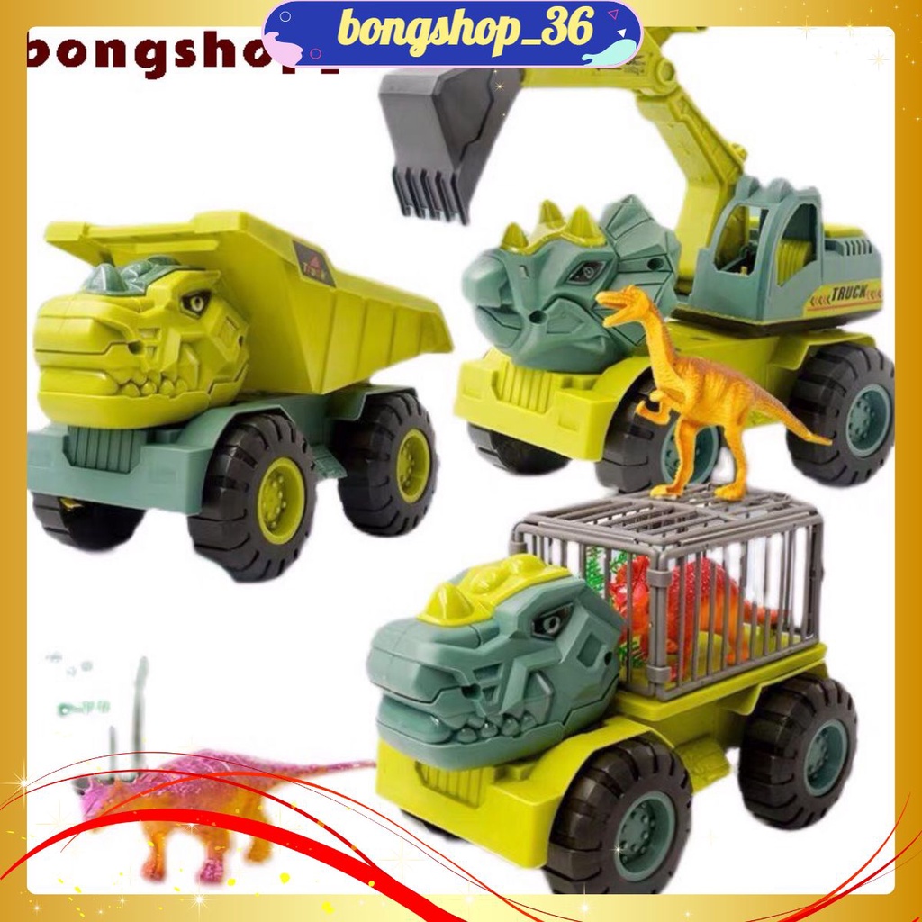Sét 3 Xe Mô Hình Công Trình Khủng Long Siêu Ngầu Cho Bé, Ô Tô Đồ Chơi Khủng Long Cho Bé