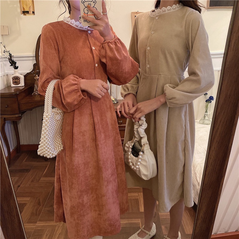 【ZHELIHANGFEI】Đầm Nhung Dài Qua Gối Dài Tay Phong Cách Mới