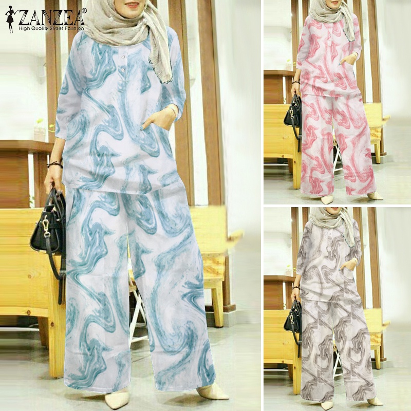 Zanzea Bộ Áo Tay Lửng 3 / 4 Phút Và Quần Dài Ống Rộng Lưng Thun Cho Phụ Nữ Hồi Giáo