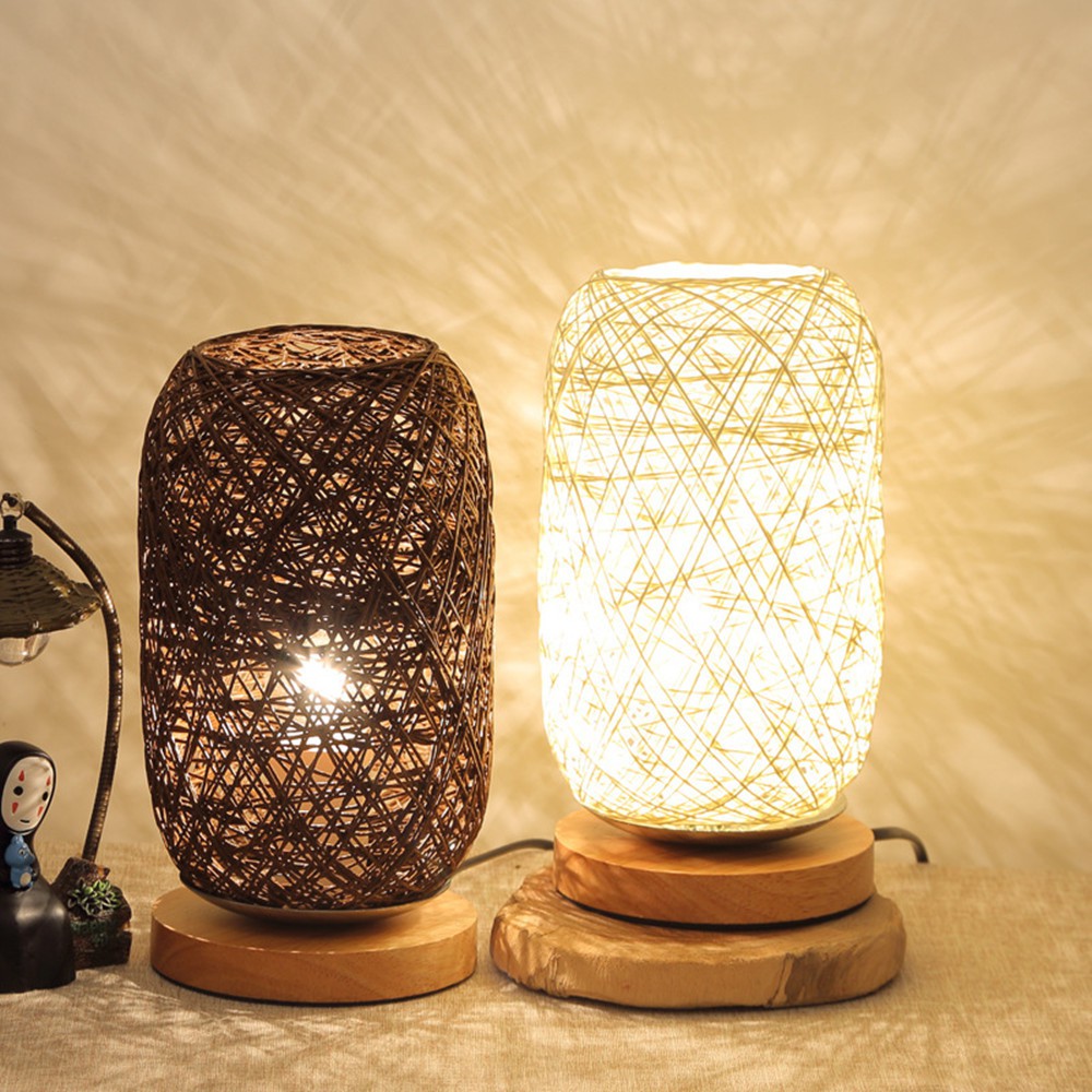 【niaorenmall.vn】Đèn để bàn hình quả cầu sợi đay gỗ trang trí