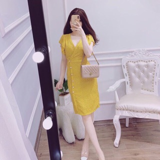 Váy ren lưới khuy ngọc cổ V