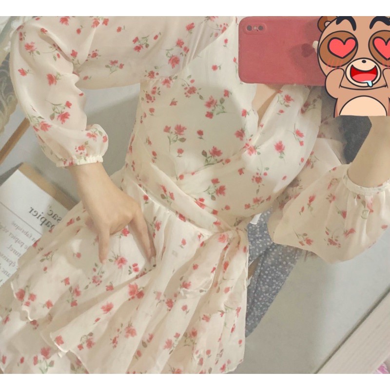 Đầm jum hoa tay dài thắt eo 2 lớp