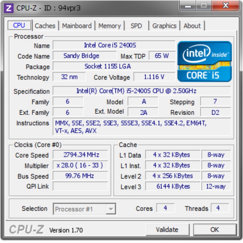 Bộ xử lý CPU i5 2400s Socket 1155