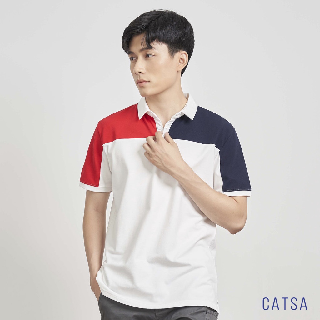 Áo thun Polo nam cổ bẻ trắng phối đỏ xanh đen CATSA thun Cotton cao cấp, bền, dáng áo chuẩn ATP266