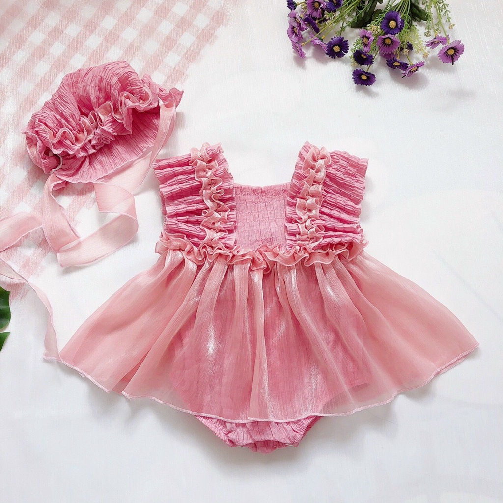 Body Cho Bé Gái  Kiểu Váy Nhún Bèo Kèm Mũ Cho Bé Từ Sơ Sinh Đến 3 Tuổi .