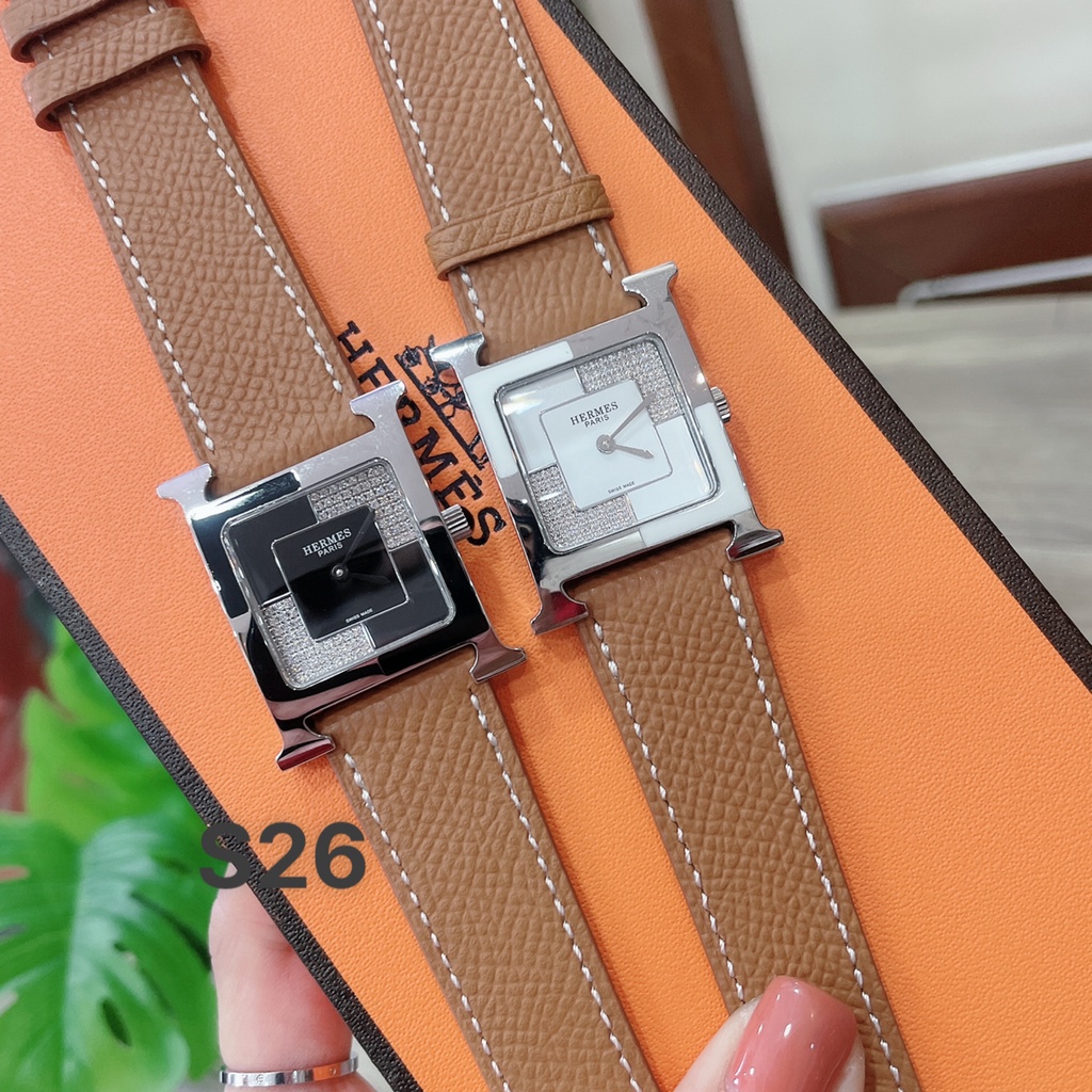 Đồng hồ Hemes Heure H nữ mặt vuông dây da - Viền Ceramic Mặt Đính Đá - Size 26x26mm hermes