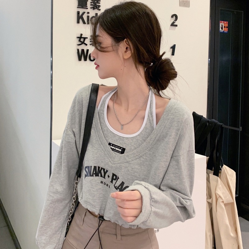 Set Áo Croptop Dài Tay Rút Eo Áo Croptop Nữ Cổ Tim Kèm Áo Thun 3 Lỗ