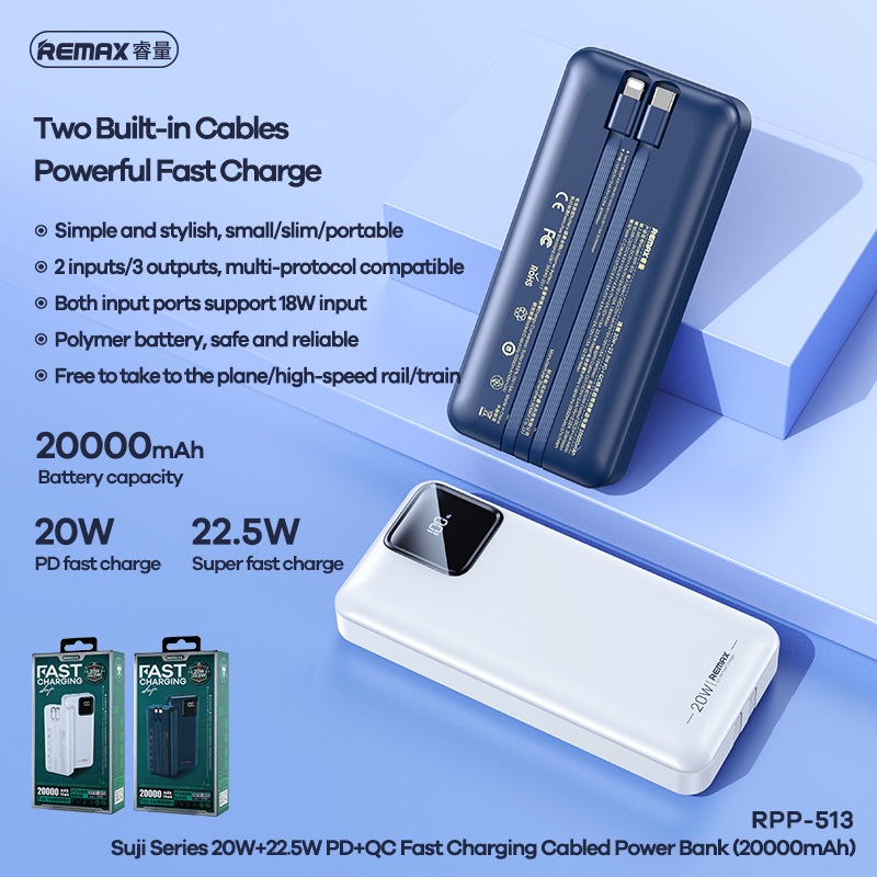 Pin dự phòng sạc nhanh Remax RPP-513 Suji Series 20000mAh tích hợp 2 cáp sạc - hỗ trợ QC 22.5W và PD 20W
