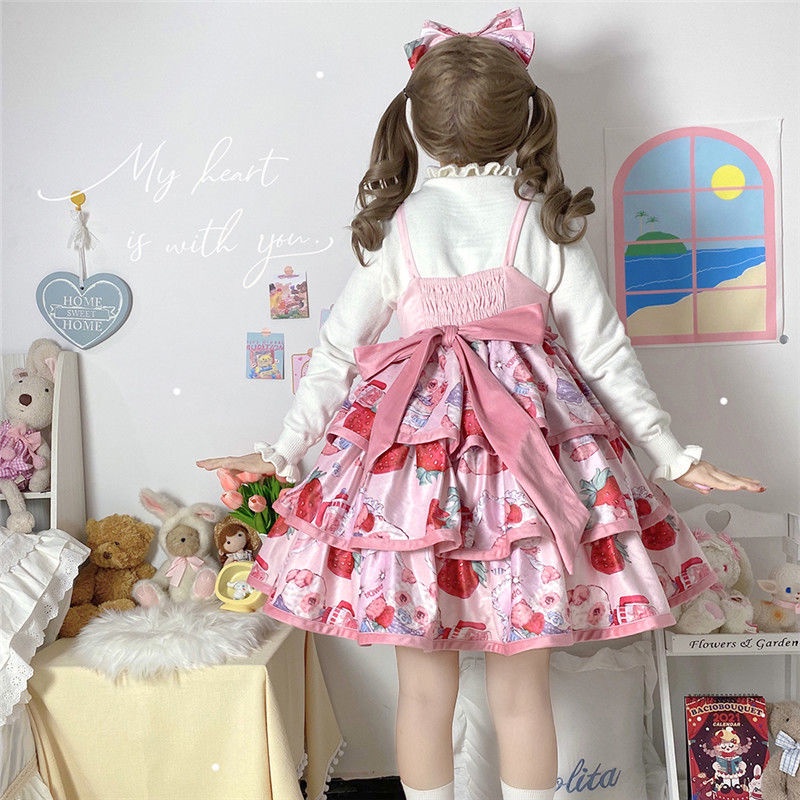 Đầm lolita Hai Dây Đính Nơ Họa Tiết Quả Dâu Thắt Nơ Dễ Thương