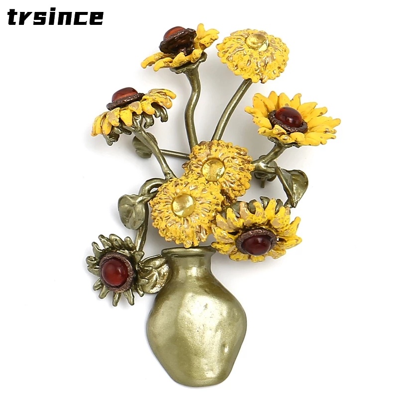 Trâm Cài Áo Hình Lọ Hoa Hướng Dương Phong Cách Retro Thanh Lịch