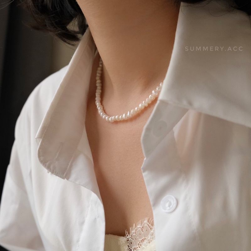 Vòng cổ ngọc SUMMERY chocker ngọc chốt bông hoa bạc 925 dây chuyền S925