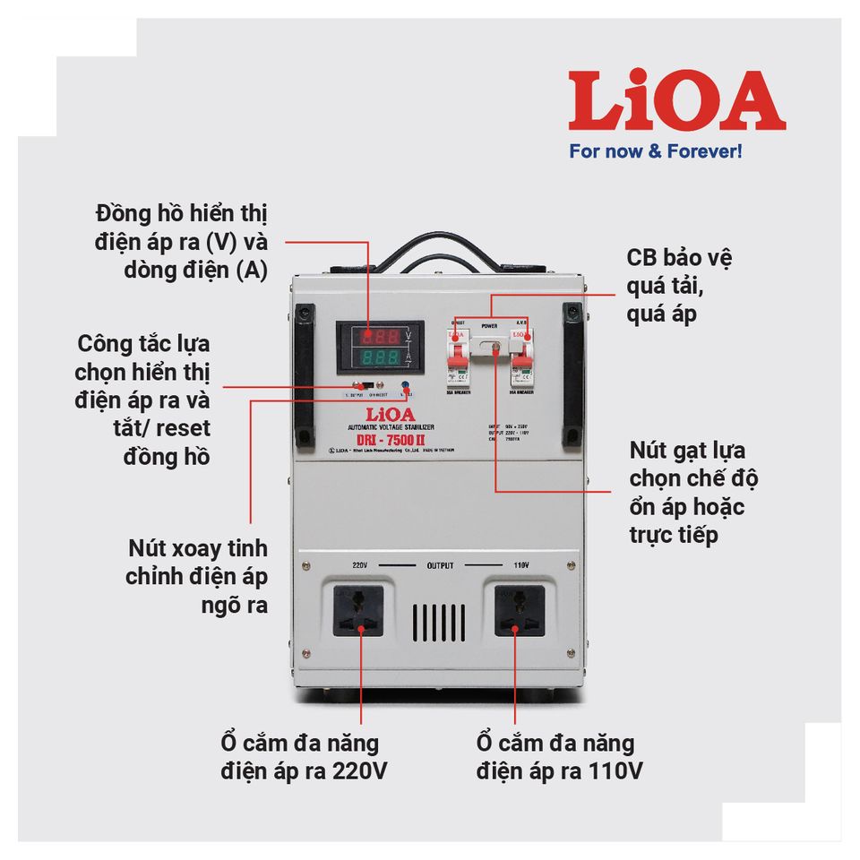 Ổn áp LiOA 7.5KVA 1 pha chính hãng Nhật Linh 7,5KW 7500VA 7500W dây đồng thế hệ mới 2 aptomat đồng hồ LED