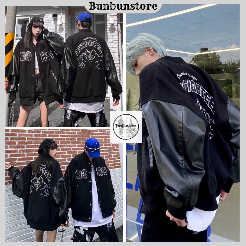 Áo Bomber Unisex FOR GET , Áo Khoác Bomber Nam Nữ Phối Tay Da cao cấp 2023