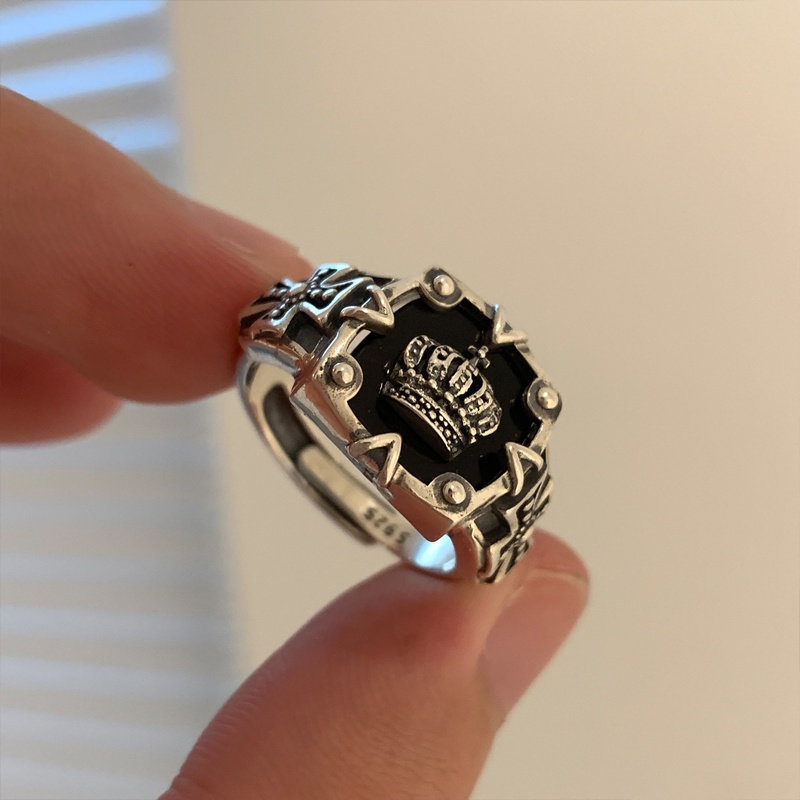 WX high-quality good things S925 silver crown opening adjustable ring female fashion hip-hop heavy industry cross opening ring dark index finger ring