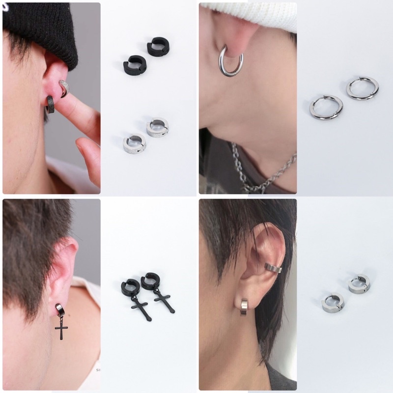 Khuyên tai nam nữ tròn Thép Titan Không Gỉ Phối Đá Nhân Tạo