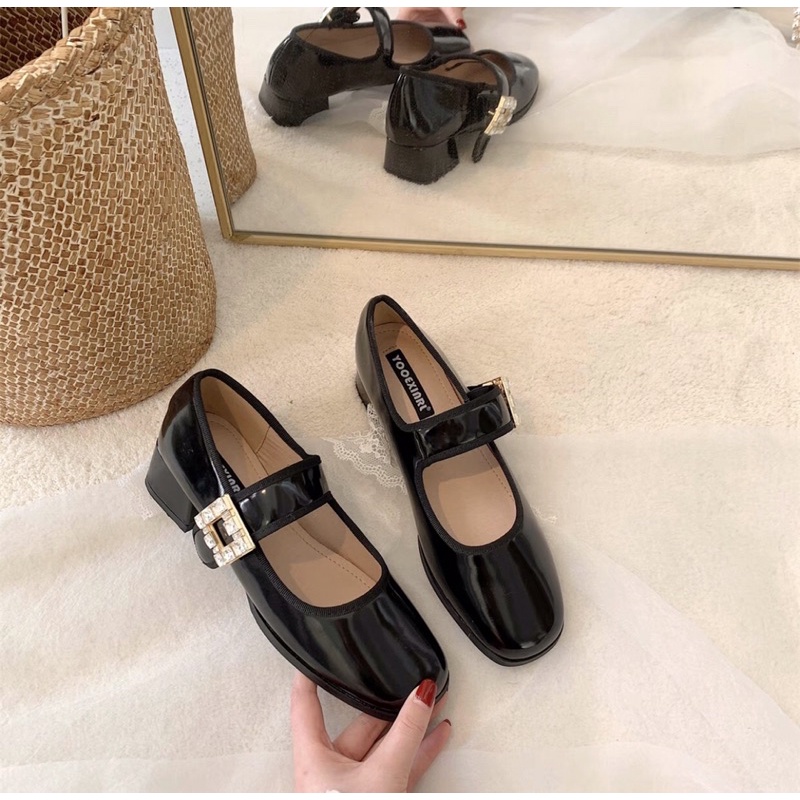 Giày marry jane quai ngang da bóng đính đá kiểu dáng hàn quốc