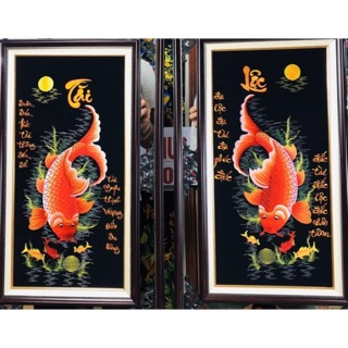 Tranh thêu thành phẩm cặp cá chép tài lộc