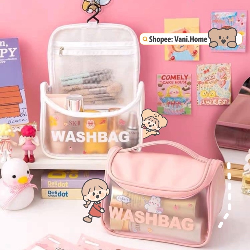 Túi đựng mỹ phẩm đồ trang điểm du lịch đa năng trong suốt nhiều ngăn WASHBAG có móc treo tường tiện lợi nhiều màu sắc