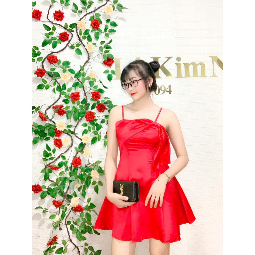 Đầm đỏ hai dây vintage chất phi bóng mịn ko xù, Đầm dự tiệc ( kèm ảnh thật)