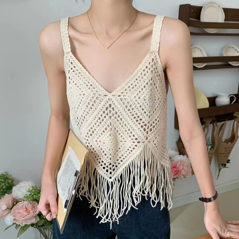 Brroa Áo Croptop Dệt Kim Phối Tua Rua Cổ Chữ V Phong Cách Boho Cho Nữ