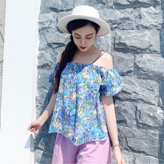 Áo hoa trễ vai tay bồng