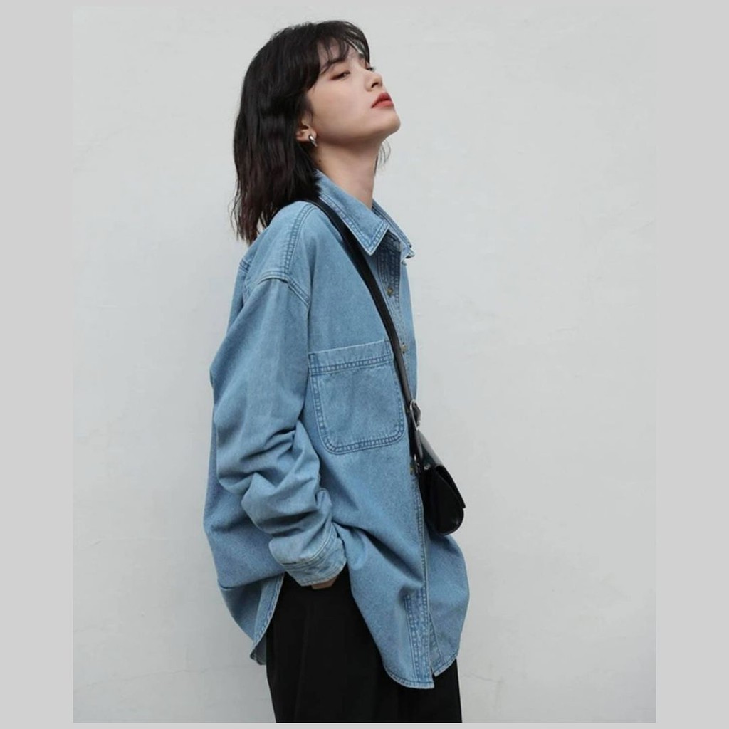 ⚡️FREESHIP⚡️Deal HOT Áo sơ mi bò Denim style Vintage Pháp dáng rộng basic kèm túi da phong cách cho nữ Laylaland