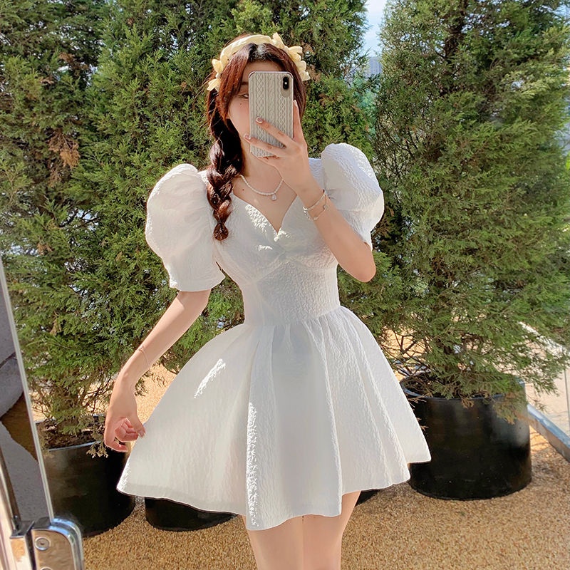 Đầm Tay Phồng Cổ Chữ V Chất Liệu Cotton Màu Trắng Thời Trang Mùa Hè Phong Cách Retro Kiểu Pháp Mới Cho Nữ