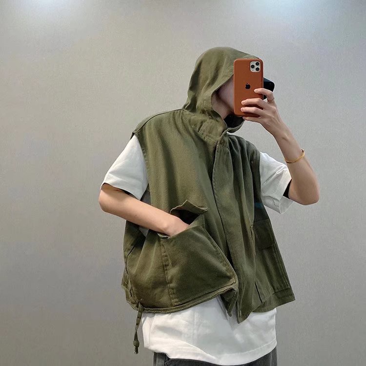 Áo khoác không tay có mũ trùm đầu phong cách thời trang Hong Kong cho nam