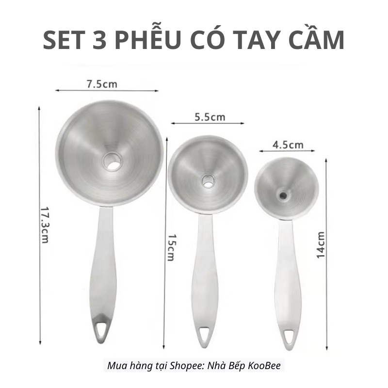 Bộ 3 phễu Inox 304 không gỉ chịu nhiệt cao cấp - Phễu rót dung dịch chất lỏng dầu ăn đa chức năng KOOBEE