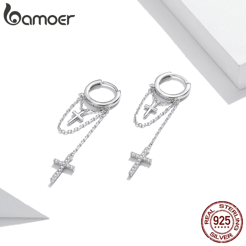 Khuyên Tai Bamoer SCE1002 Chốt Bạc 925 Dáng Dài Họa Tiết Thánh Giá Bắt Mắt Cho Phái Nữ