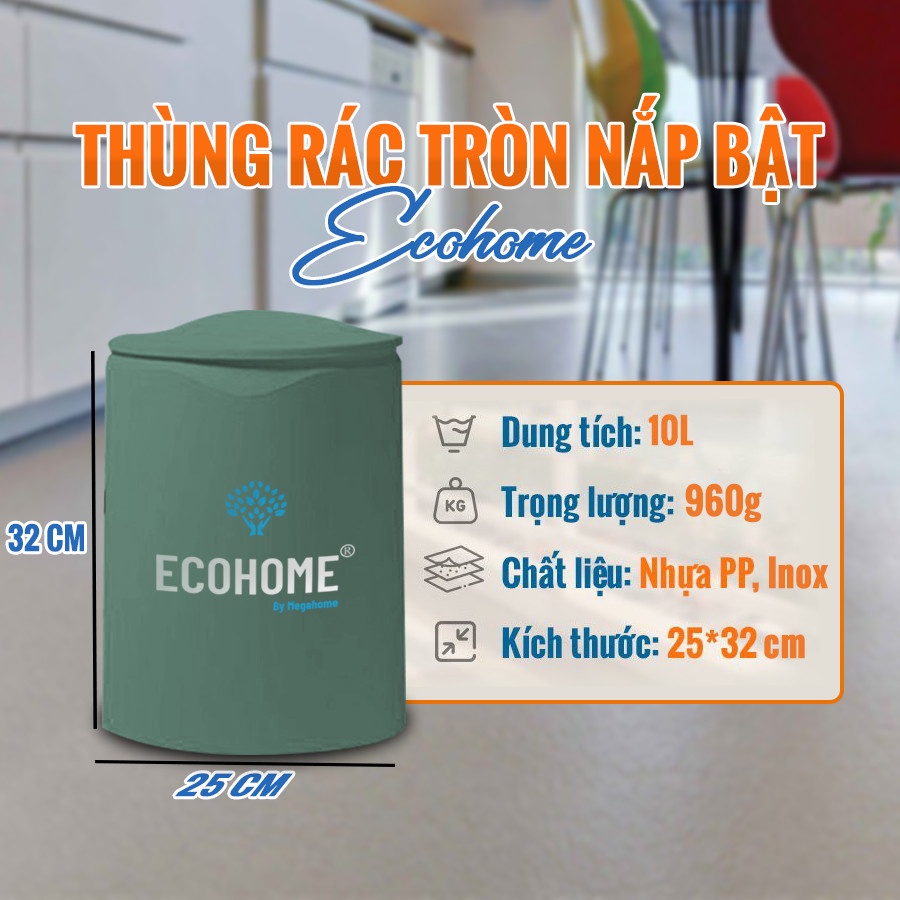 Thùng rác tròn có nắp bật 10L Ecohome, thùng rác tiện lợi và phù hợp với mọi không gian