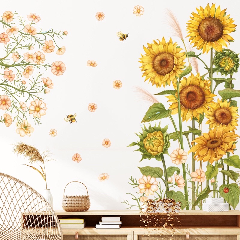Decal dán tường , Tranh dán tường cụm hoa hướng dương phong cách hàn quốc , chất liệu cao cấp.