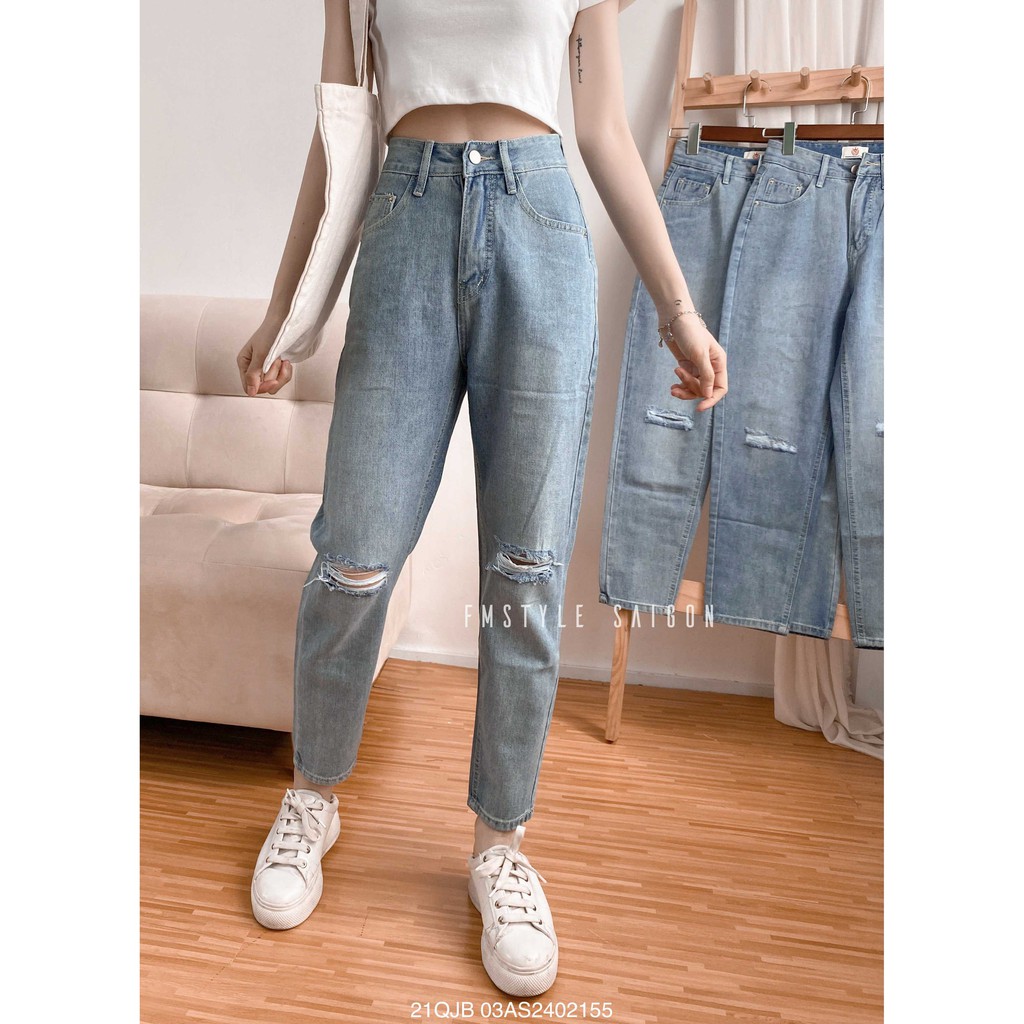 Quần jean baggy nữ VM STYLE rách gối (không co giãn) ulzzang thời trang 22QJB03AS1102