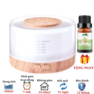 Máy xông tinh dầu trụ trong đế gỗ máy khuếch tán tinh dầu 500ml tặng tinh dầu