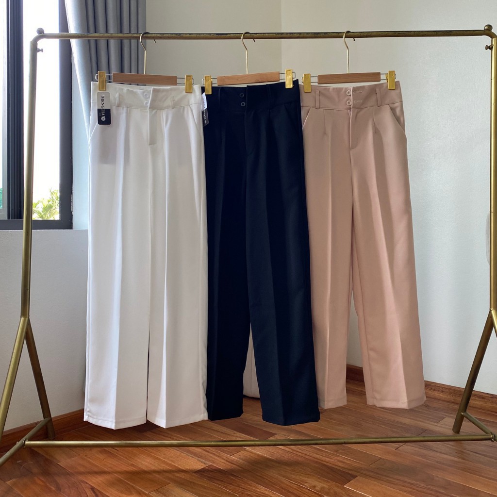 Quần Ống Rộng Lưng Cao 2 Khuy, Quần Ống Suông Cạp Cao 2 Cúc Phong Cách Hàn Quốc Trẻ Trung Năng Động