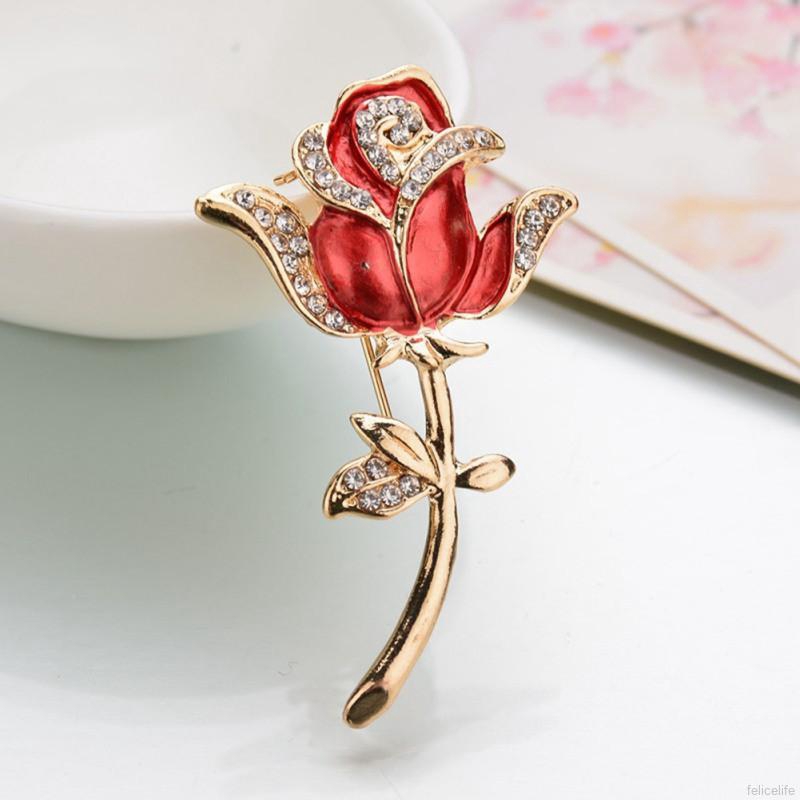Rose Flower Enamel Crystal Rhinestone Brooch Pin for Party Decor