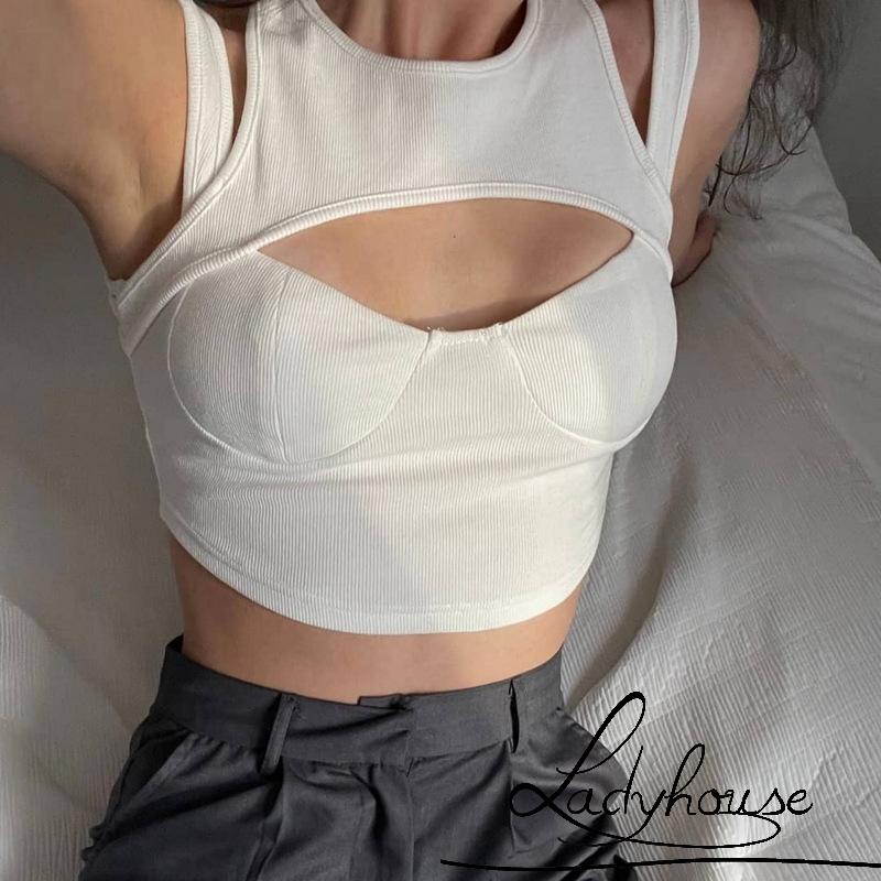 LDD-Women Casual Crop Tops, Solid Color Hollow Out Slim Fit Sleeveless Patchwork Vest