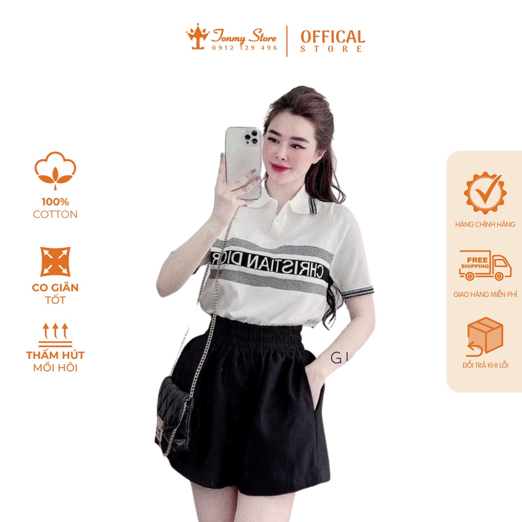 Áo thun polo nữ trắng cao cấp, Áo phông polo nữ cổ CD in hình sắc nét chất cotton co dãn thoáng mát