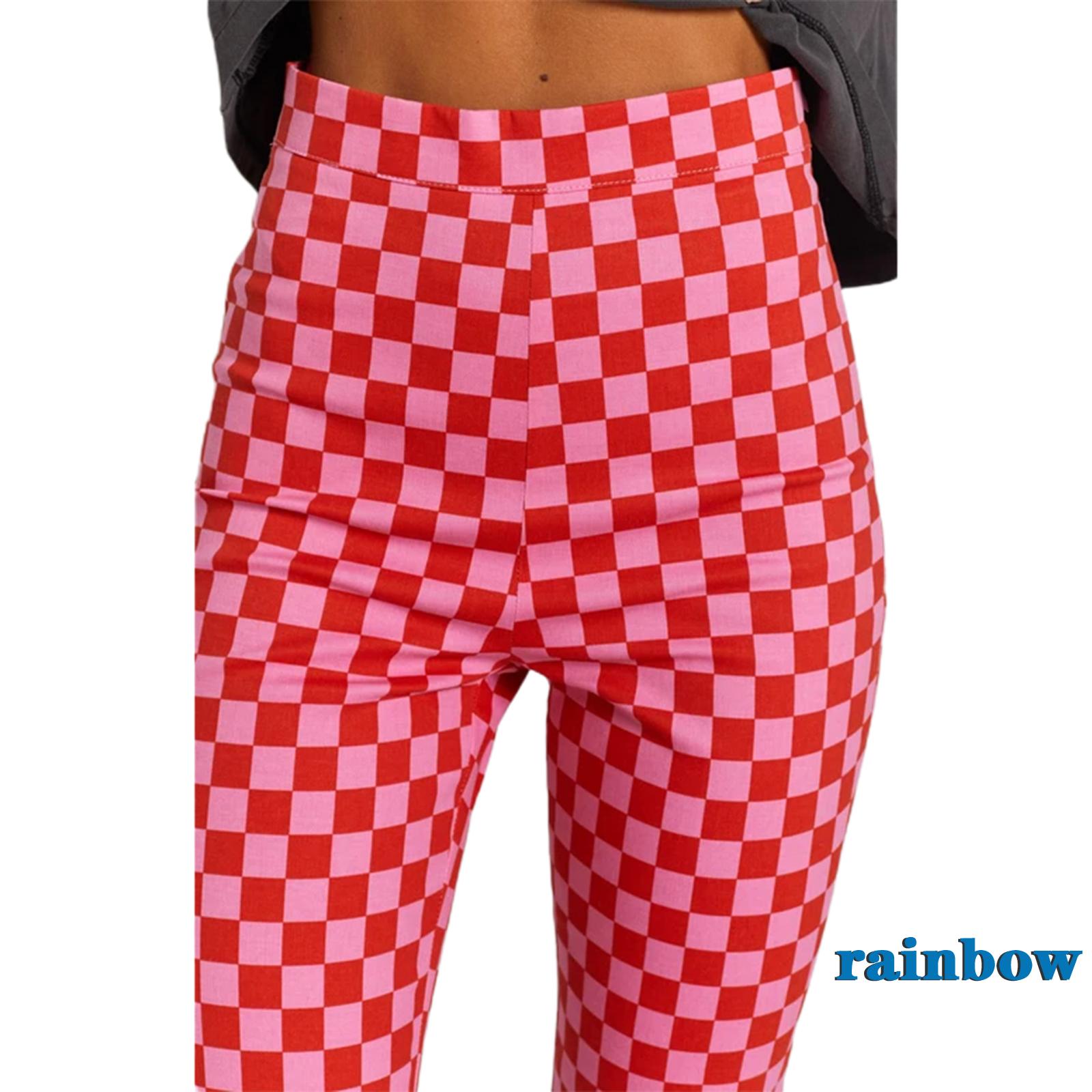 RAINBOW-Women Casual Skinny Pants, Classic High Waist Plaid Printed Slim Fit Flare Pants