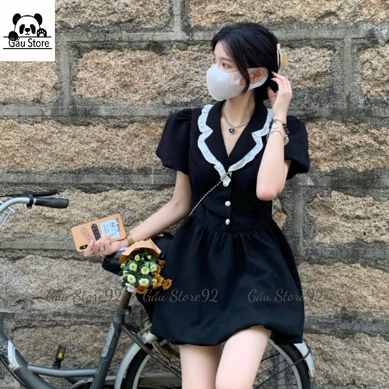 Váy đầm nữ màu đen cổ vest viền bèo tay bồng babydoll