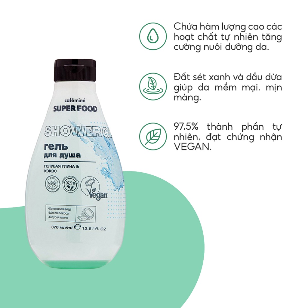 Sữa tắm CAFE MIMI nuôi dưỡng da chiết xuất Đất sét xanh và dầu Dừa 370ml - BioTopcare Official