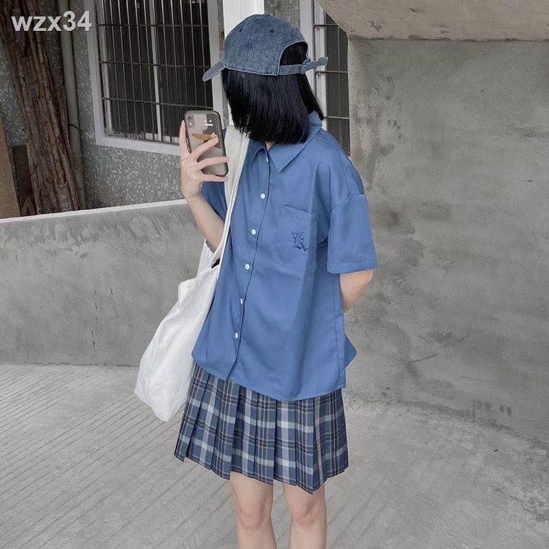 Mùa hè năm 2021 kiểu mới học sinh Nhật Bản ngắn tay áo sơ mi nhỏ cổ polo thêu nữ☺