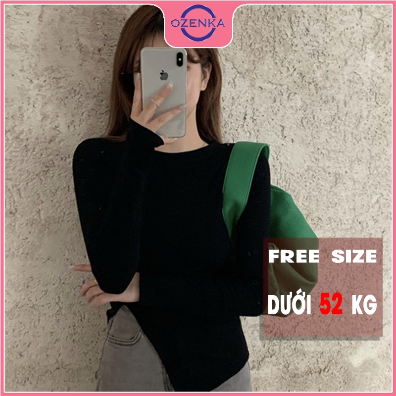 Áo thun croptop nữ tay dài sẻ gấu OZENKA , ao crt ôm body phong cách Hàn Quốc chất cotton lụa màu đen trắng dưới 52 kg