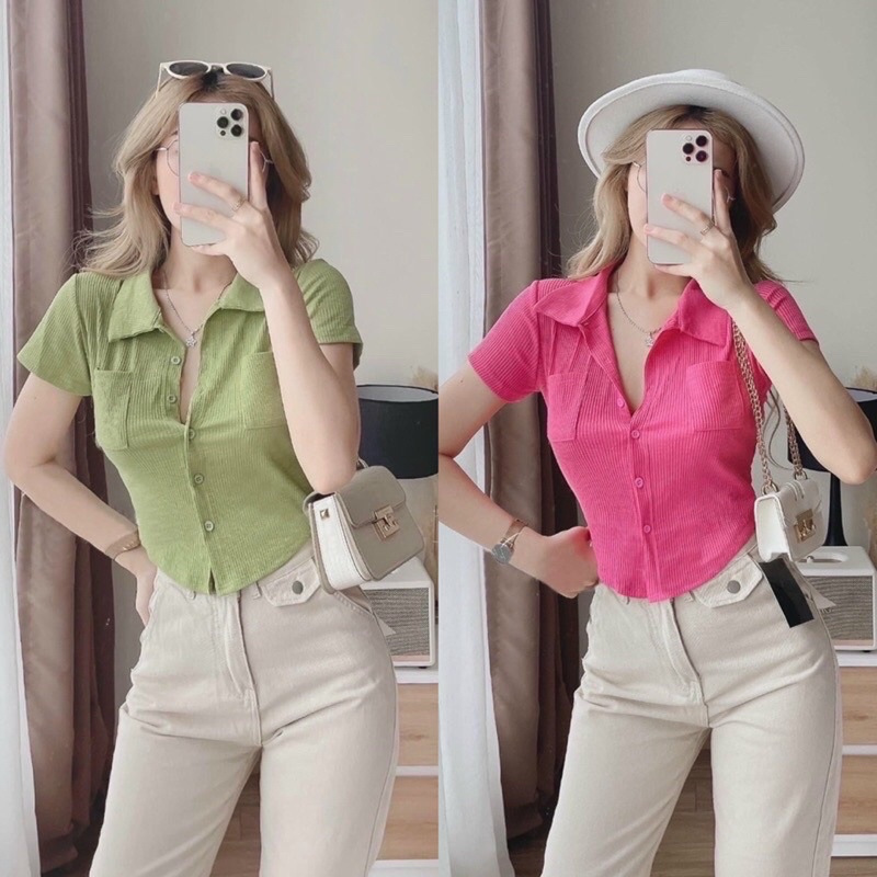 Áo thun tay ngắn croptop cổ bẻ cài cúc 2 TÚI BÊN xinh xắn chất thun tăm