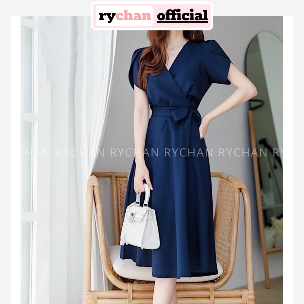 Đầm Váy Nữ Dự Tiệc Form Dài Cổ V Tay Sen Đắp Chéo Tà Thắt Nơ Màu Xanh Đen [ẢNH THẬT CUỐI] - DX9916