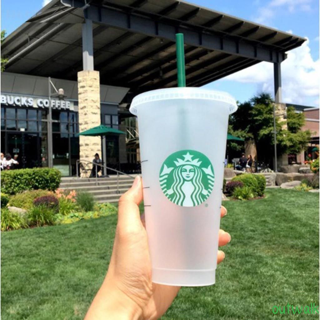 Ly nhựa uống nước Starbucks 24 oz màu đen có thể thay đổi màu sắc có nắp