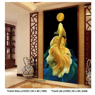 Tranh thêu chữ thập, tranh đính đá cá chép chơi trăng LV3553 (50 x 90 cm), tranh đá LV595 (50 x 90 cm)